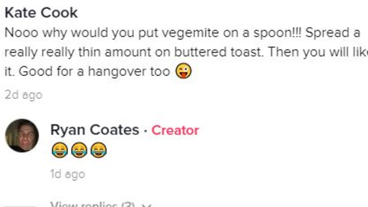 Aussies react to the way he ate Vegemite, finding it pretty funny. Picture: TikTok/Coatesy95