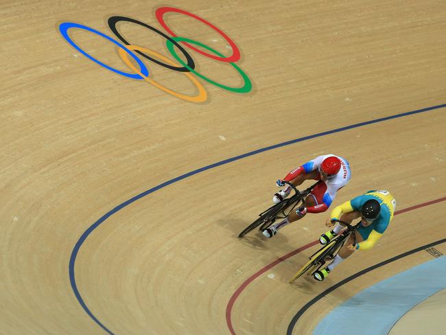 RIO DE JANEIRO, BRAZIL - AUGUST 14: Denis Dmitriev (L) of Russia and Matthew Glaetzer (R) of Australia compete in the Men's Sprint Final for Bronze Race 2 on Day 9 of the Rio 2016 Olympic Games at the Rio Olympic Velodrome on August 14, 2016 in Rio de Janeiro, Brazil. (Photo by Mike Ehrmann/Getty Images)