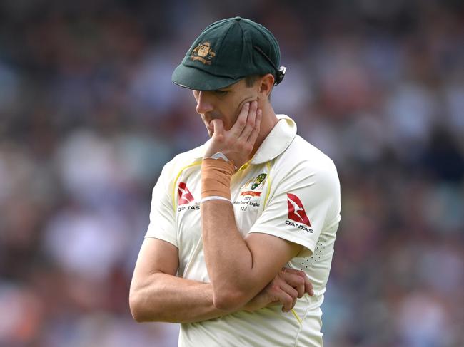 LONDON, ENGLAND - JULY 29: Australia captain Pat Cummins reacts during day three of the LV= Insurance Ashes 5th Test Match between England and Australia  at The Kia Oval on July 29, 2023 in London, England. (Photo by Stu Forster/Getty Images)