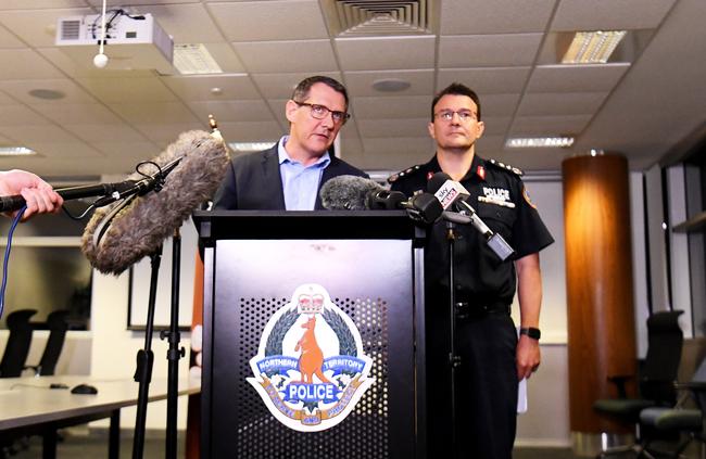 Chief Minister Michael Gunner speaks to the media during a press conference with Police Commissioner Reece Kershaw. Picture: Keri Megelus