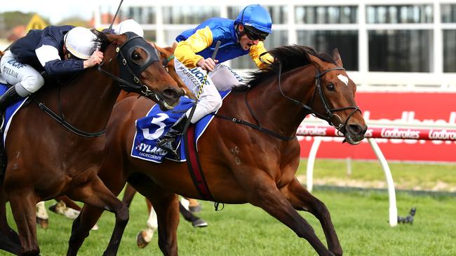 Jockey Brad Rawiller rides Black Heart Bart to victory in the Underwood Stakes last year.