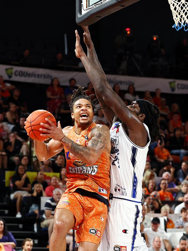 Taipans' Rob Edwards charges to the basket in the National Basketball League (NBL) match between the Cairns Taipans and the Adelaide 36ers, held at the Cairns Convention Centre. Picture: Brendan Radke