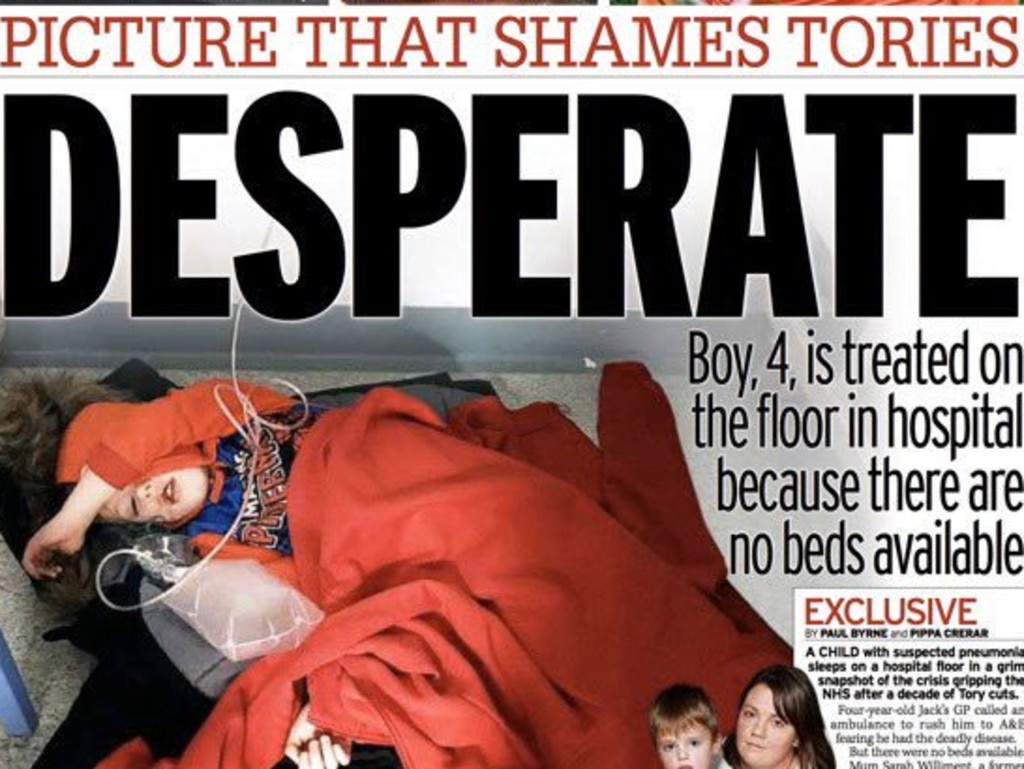 The UK Daily Mirror front page of a child lying on a hospital floor that is worrying Conservative campaigners.