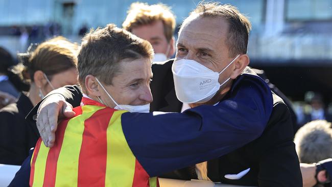 Chris Waller with James McDonald after winning The Everest last month. Picture: Getty Images