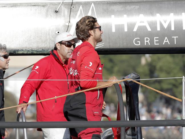 Daniel Oatley, The late Bob Oatley's grandson steering Wild Oats XI across the line. Wild Oats XI skippered by Mark Richards claims a 9th line honours victory in the 2018 Sydney to Hobart Yacht Race. The yacht crossed the line in 1d 19hrs 7mins 21secs . Picture: RICHARD JUPE