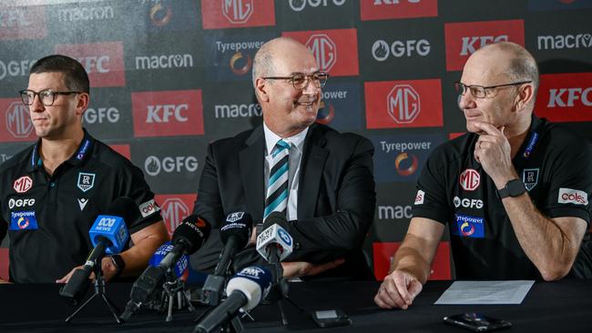 Josh Carr senior assistant coach of Port Adelaide, Port Adelaide Football Club chairman David Koch and Ken Hinkley senior coach of Port Adelaide speak to the media during a Port Adelaide Power AFL press conference at Alberton Oval. Photo by Mark Brake.