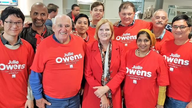 Labor candidate Julie Owens with some of her supporters at Rosehill Bowling Club as she emerged as the likely winner of the seat of Parramatta last night.