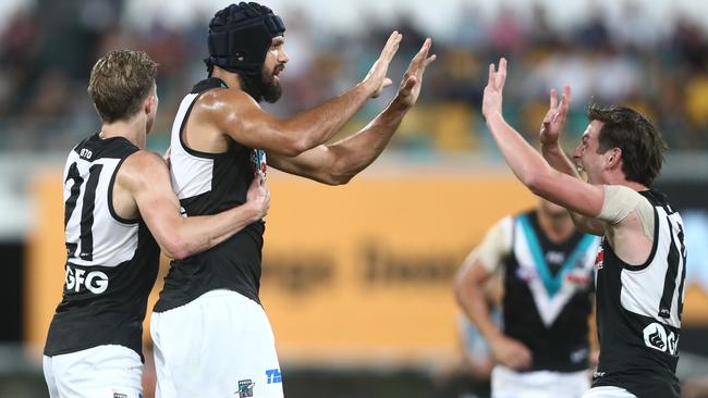 Paddy Ryder of the Power celebrates a goal. The Power are favourites to return to the winner’s list. Picture: Chris Hyde/Getty Images