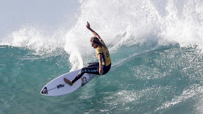 Six time world champion Stephanie Gilmore explodes during her first heat at the Rip Curl Pro Bells Beach. Pic: WSL.