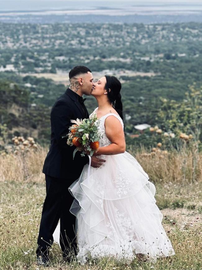 Tahlia and Harley Bodger on their wedding day. Photographers: Colleen Strangways and Reece McArdle