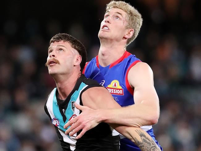 Port ruckman Peter Ladhams is searching for a new club, while Tim English will wait to talk a new deal with the Bulldogs. Picture: AFL Photos/Getty Images