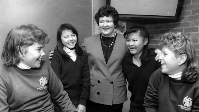 Education Minister Joan Kirner with students from Burwood Heights High School in 1989.