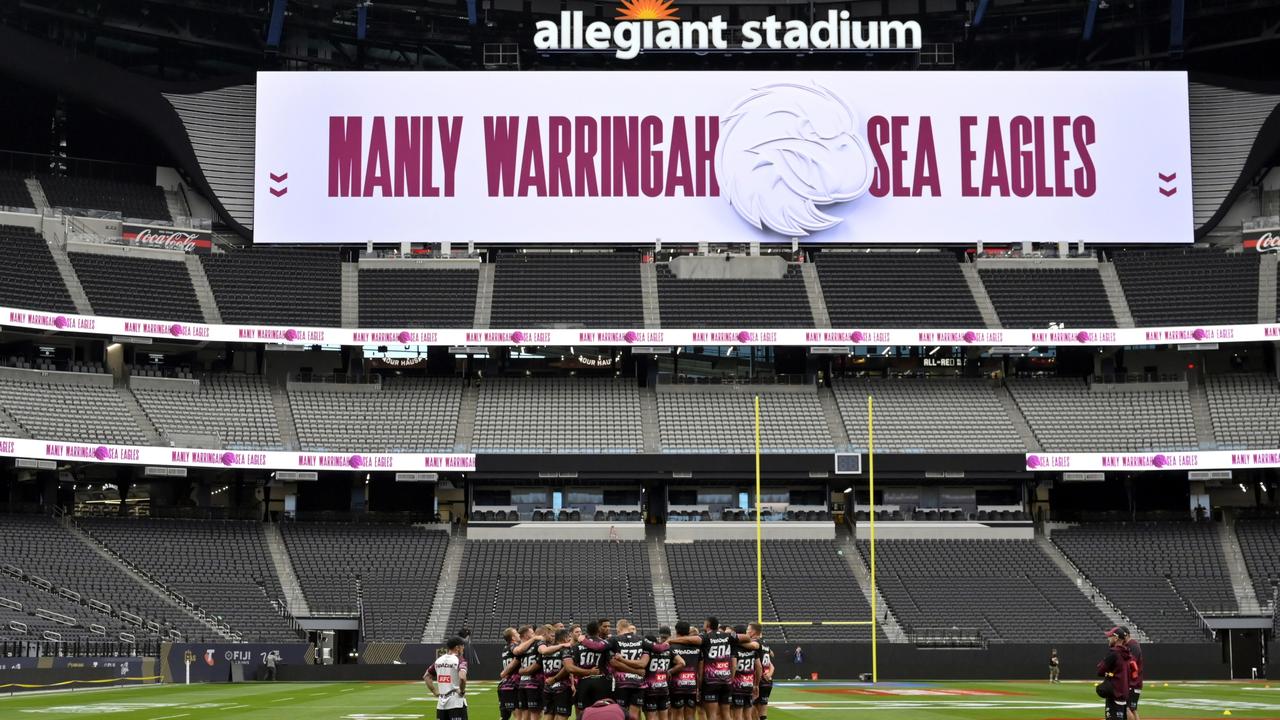 Manly players at Allegiant Stadium in Las Vegas. Picture: David Becker