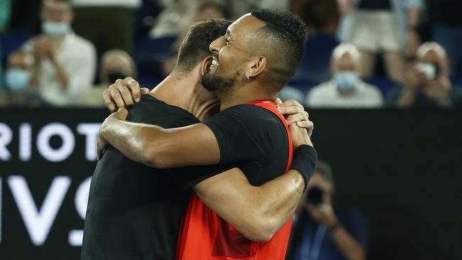 Nick Kyrgios and Thanasi Kokkinakis celebrate their Australian Open doubles triumph.