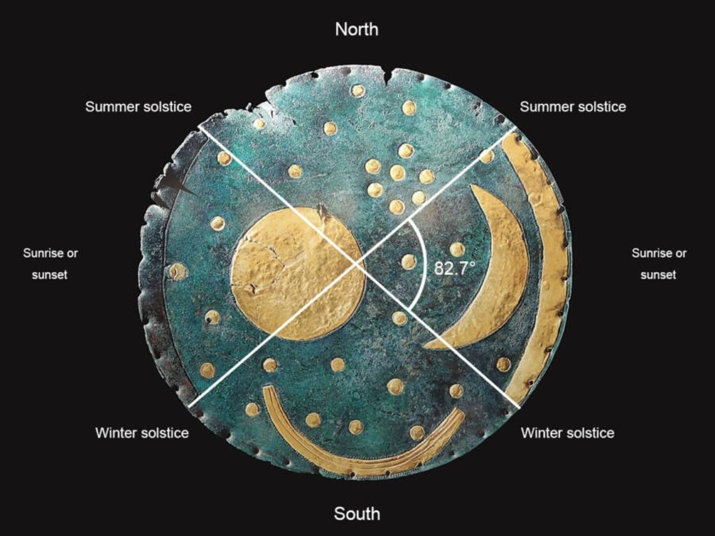 The Nebra Sky Disc with the marked sample extraction point (c). Picture: Reproduced with permission by State Office for Heritage management and Archaeology, Saxony-Anhalt – State Museum of Prehistory. Picture: J. Lipták, Munich