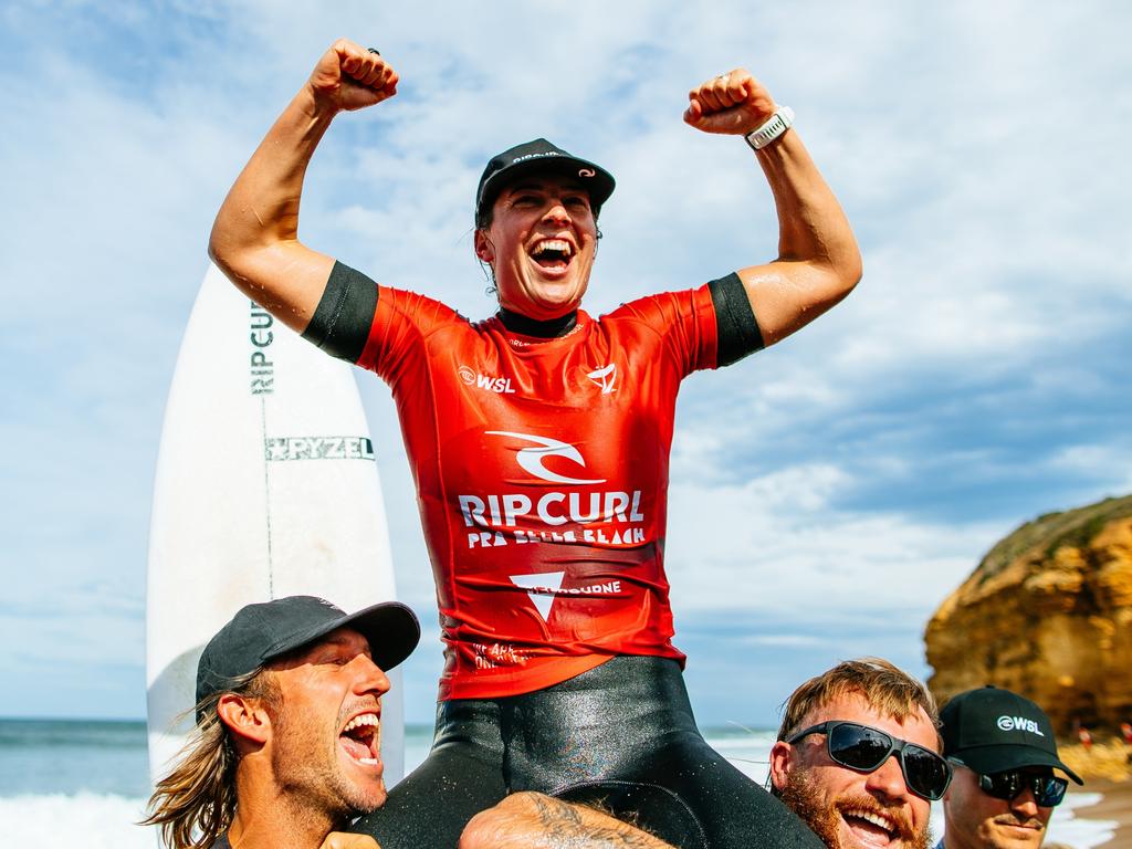 Tyler Wright celebrates winning at Bell Beach. Picture: Ed Sloane/World Surf League