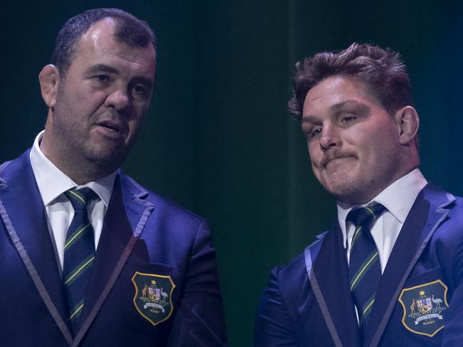 SYDNEY, AUSTRALIA - AUGUST 23:  Wallabies coach Michael Cheika (L) and captain (R) Michael Hooper are pictured at the Australian Wallabies RWC Farewell Lunch at The Star on August 23, 2019 in Sydney, Australia. (Photo by Brook Mitchell/Getty Images)