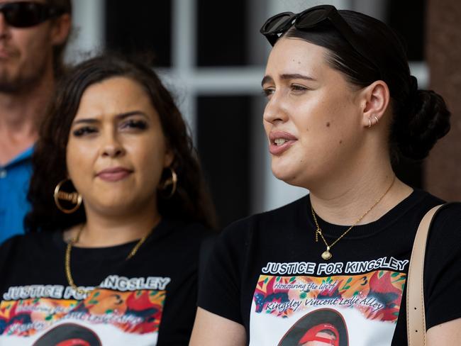 Kingsley Alley Jr's older sister, Josephine Miller-Sabino speaking outside the Supreme Court in Darwin after four people were sentenced over her teenage brother's murder in October 8, 2022. Picture: Pema Tamang Pakhrin