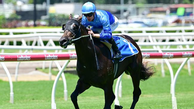 Space Rider dashes away under Chad Schofield to win the QTIS 2YO handicap at Eagle Farm for jockey Chad Schofield. Picture: Grant Peters - Trackside Photography