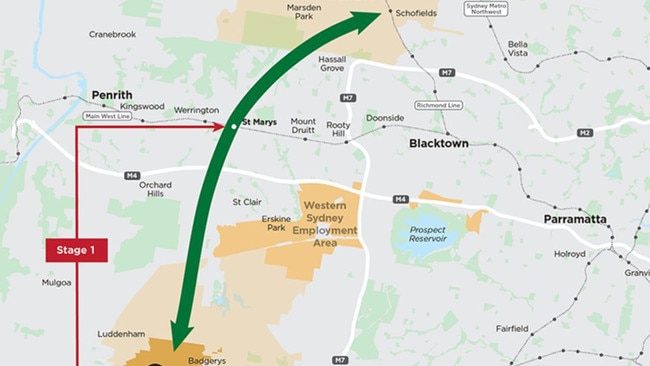 North-South metro rail extension (green arrow) showing proposed corridor from St Marys to the Aerotropolis via Western Sydney Airport (in the south).