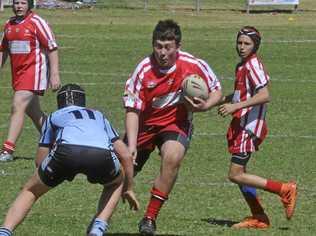 Coden Lewis puts his body on the line in the under-14 Group 1 grand final between the South Grafton Rebels and Ballina Seagulls at Frank McGuren Field on Saturday. Picture: Mitchell Keenan