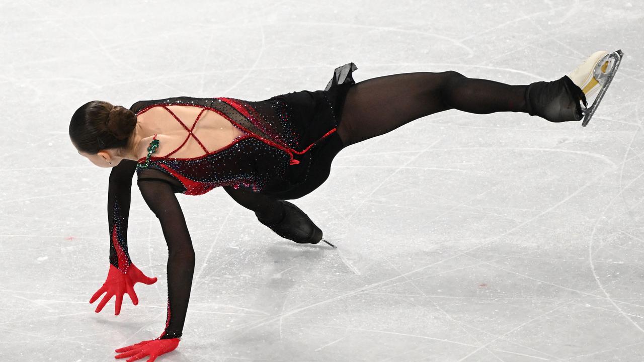 Russia's Kamila Valieva falls as she competes in the women's figure skating inal. Picture: AFP