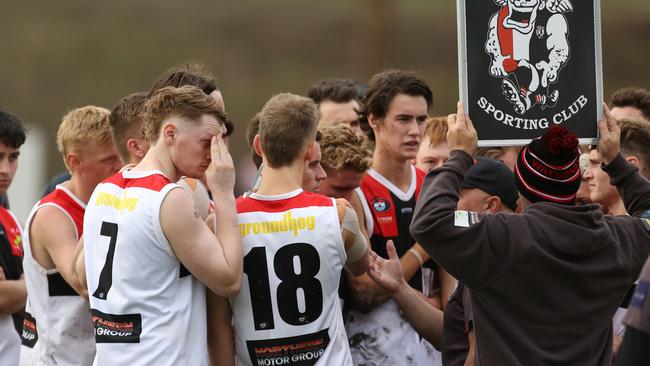 Watsonia coach George Lattouf talks to his players. Picture: Stuart Milligan