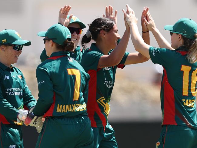 Callie Wilson celebrates a WNCL wicket for Tasmania. (Photo by Paul Kane/Getty Images)