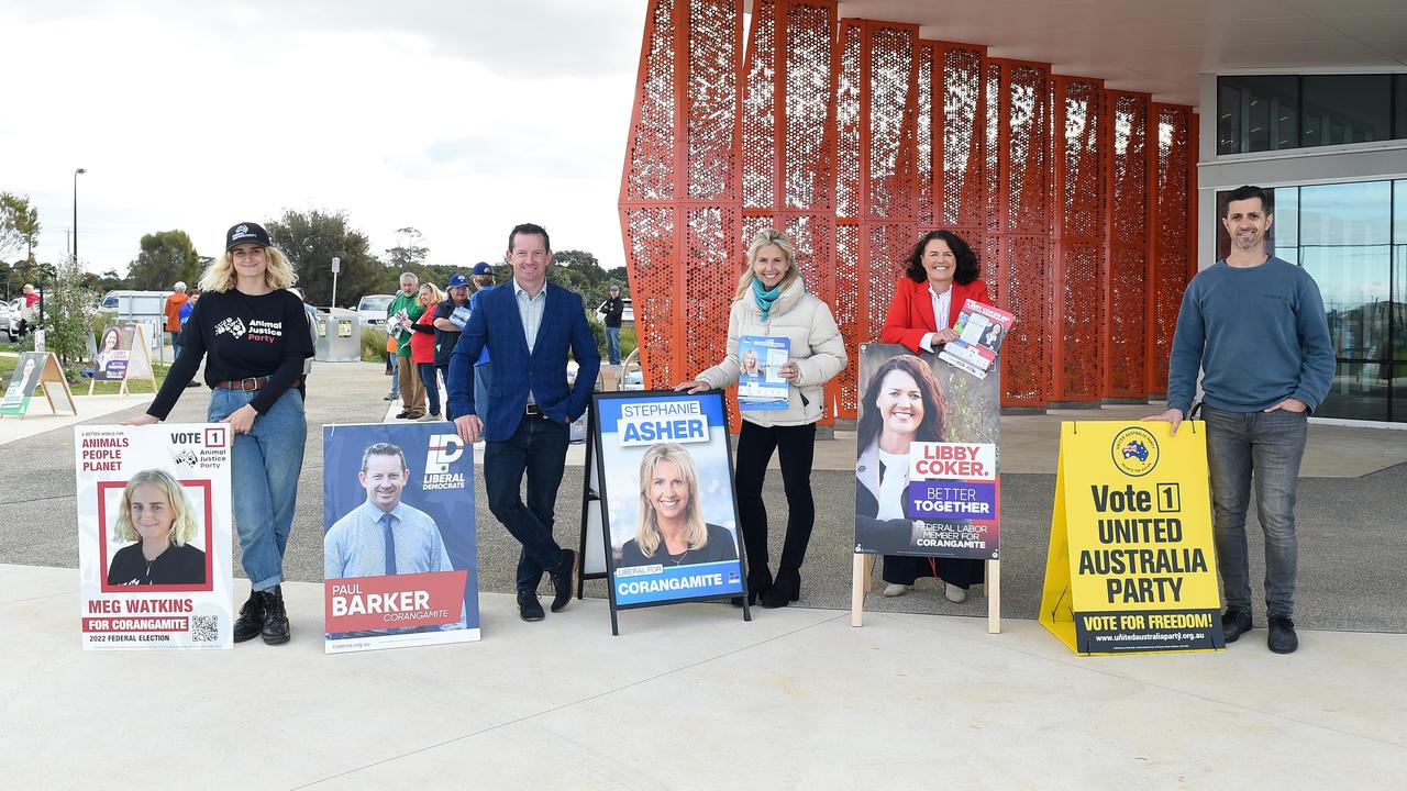 Paul Barker (second from left) at a pre-polling station in Torquay during the 2022 federal election campaign. He is pictured alongside fellow candidates Meg Watkins, Stephanie Asher, Libby Coker and Daniel Abou-zeid.