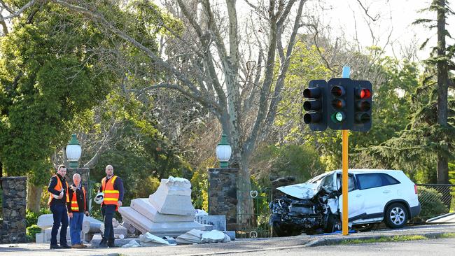 The car crash caused major damage to the landmark. Picture: Mark Stewart