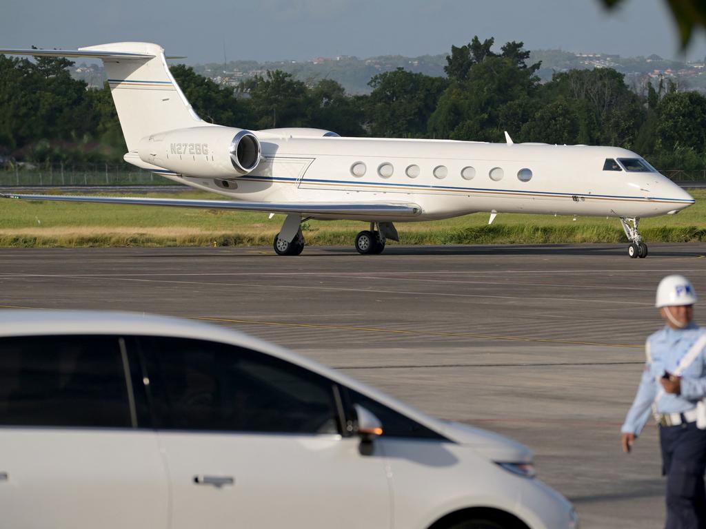 The aircraft transporting tech billionaire Elon Musk is seen during his arrival at Ngurah Rai International airport in Denpasar. Picture: AFP