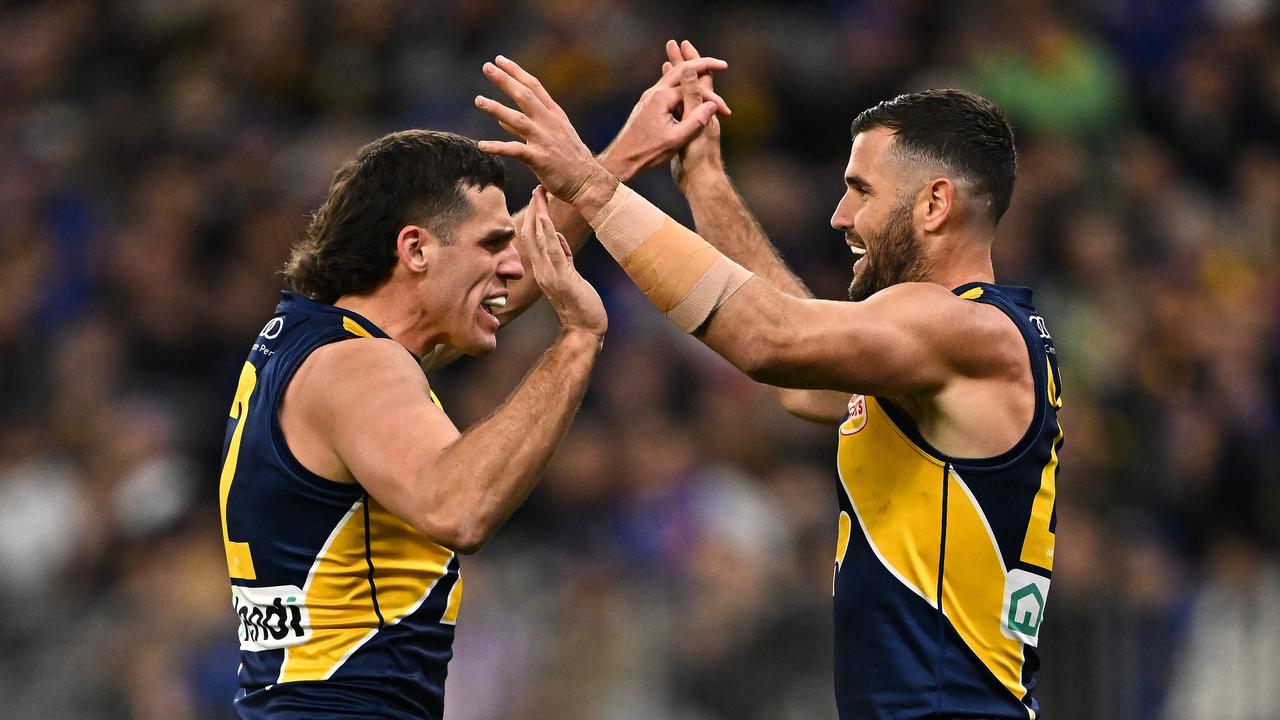 PERTH, AUSTRALIA - AUG 03: Jake Waterman and Jack Darling of the Eagles celebrate a goal during the 2024 AFL Round 21 match between the West Coast Eagles and the Gold Coast SUNS at Optus Stadium on August 03, 2024 in Perth, Australia. (Photo by Daniel Carson/AFL Photos via Getty Images)