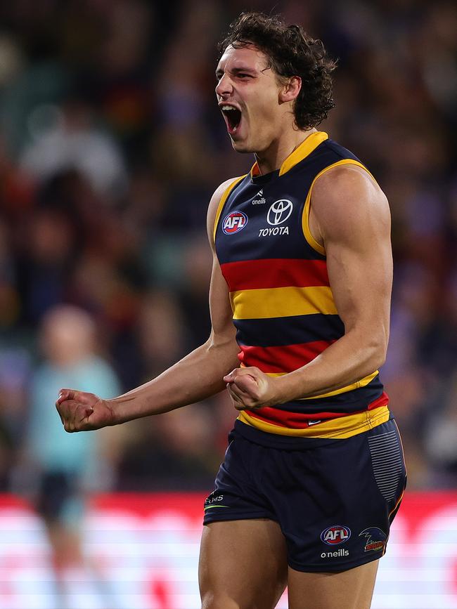 James Borlase celebrates his first goal in the AFL during the 2024 AFL Round 13. Picture: Sarah Reed/AFL Photos via Getty Images