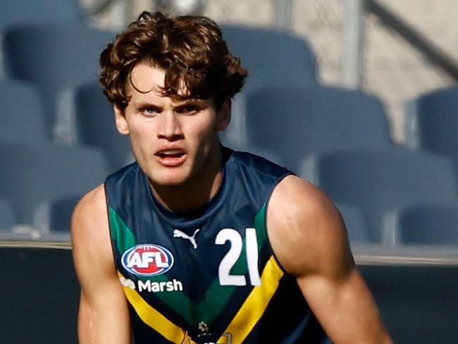 MELBOURNE, AUSTRALIA - APRIL 13: Joel Cochran of the AFL Academy in action during the 2024 AFL Academy match between the Marsh AFL National Academy Boys and Coburg Lions at Ikon Park on April 13, 2024 in Melbourne, Australia. (Photo by Michael Willson/AFL Photos)