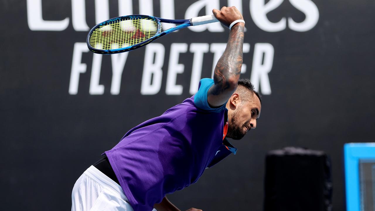Nick Kyrgios wasn’t happy at the end of his third-round Murray River Open match. (Photo by David Gray / AFP)