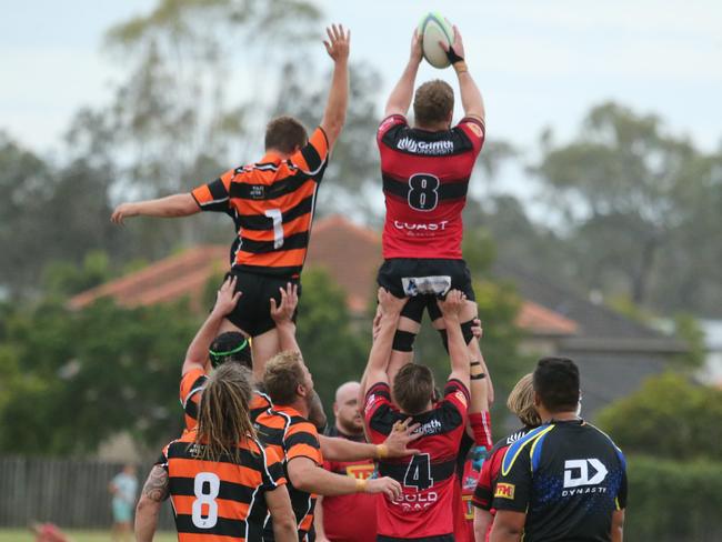 Gold Coast District Rugby Union clash between Coomera Crushers and Griffith Uni Colleges Knights. Played at Coomera. Coomera Player No1 Isaac Makelainen Griffith uni Player No8 Jaye Paton Pic Mike Batterham