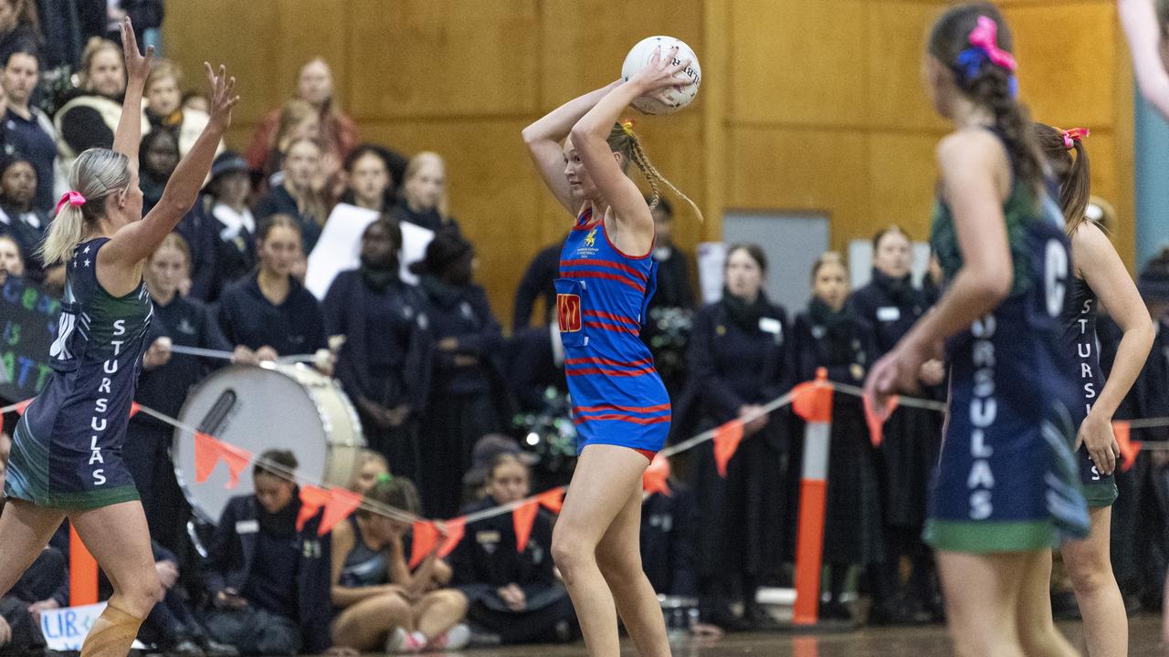 Ella Maxwell of Downlands First VII against St Ursula's Senior A in Merici-Chevalier Cup netball at Salo Centre, Friday, July 19, 2024. Picture: Kevin Farmer