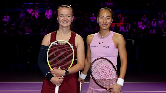 Barbora Krejcikova of Czechia and Qinwen Zheng of China. Photo by Matthew Stockman/Getty Images for WTA.