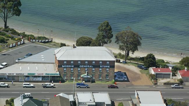 Aerial Historical Scenic View of Morris General Store in the main street of Swansea on East Coast of Tasmania, taken ~2003. Picture: File