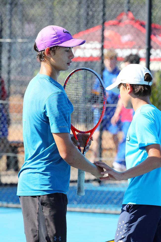 Action from the International Tennis Federation junior tournament at KDV on the Gold Coast. Picture: Tertius Pickard