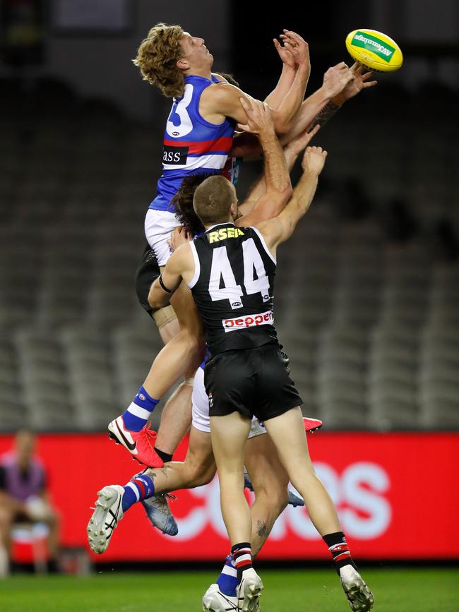 Aaron Naughton is only 20 years old and trying to carry the Bulldogs’ forward line. Picture: Getty