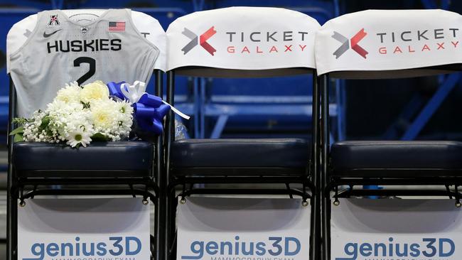 A jersey to honour Gianna Bryant sits on the UConn bench before the USA Women's National Team Winter Tour 2020 game in Connecticut. Picture: Getty Images