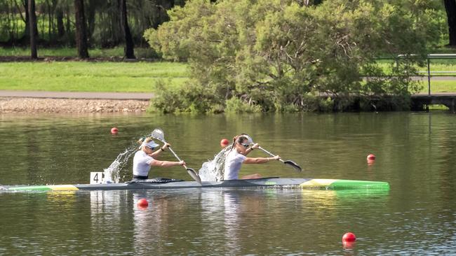 Brianna Massie and Cat McArthur in action at the Oceania Association's Canoe Sprint Continental Championships at Sydney International Regatta Centre (SIRC) in Penrith on Friday.