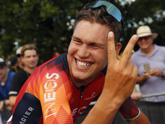 Luke Plapp won his second straight men's road race at the Road Nationals in Ballarat in 2023. Photo by Con Chronis/AusCycling.