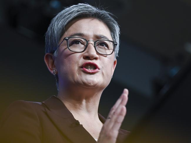 CANBERRA, AUSTRALIA - APRIL 17: Minister for Foreign Affairs, Senator for South Australia and Leader of the Government in the Senate, Penny Wong addresses the National Press Club in Canberra. Picture: NCA NewsWire / Martin Ollman