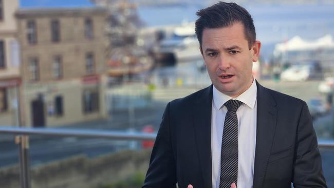 Labor leader Dean Winter speaks to the media at Parliament Square in Hobart on Tuesday 18 June, 2024.