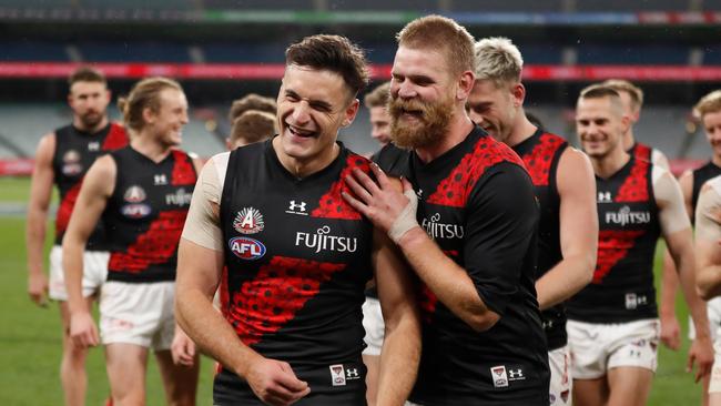 Essendon players celebrate after their win. Picture: Getty Images