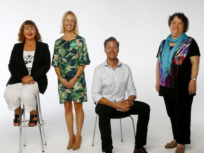 Candidates for Vaucluse from L to R: Megan McEwin (The Greens), Deb Doyle (Animal Justice Party), Kay Dunne (Sustainable Australia party), Mark MacSmith (Keep Sydney Open party). Picture: John Appleyard