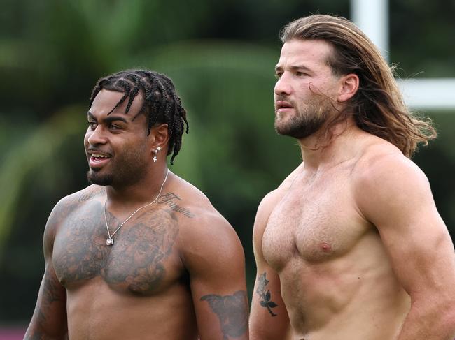 Ezra Mam and Patrick Carrigan at training with the Brisbane Broncos at Red Hill in Brisbane. Pics Adam Head