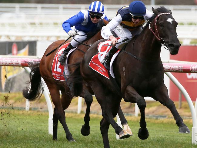 Jockey Damian Lane rides Night's Watch to victory in the Jockey Celebration Day Handicap on Memsie Stakes Day.